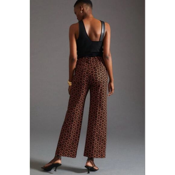 Anthropologie Maeve The Colette Crop Wide Leg Ponte Pants in Black Motif Orange - Picture 2 of 12